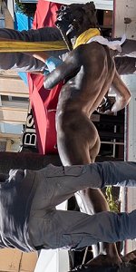 F�lix Maurice Charpentier - L'Improvisateur (lifesize 2021 replica, Bandol, France, being lifted off of truck, rotated and enlarged detail)