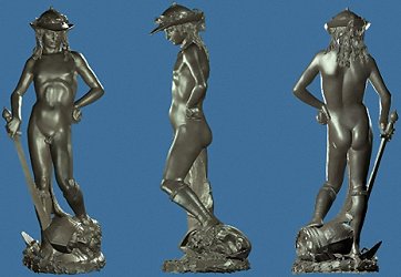 Donatello's David: laser scan, metallic, front, left and back