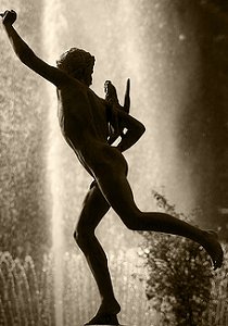Falgui�re's Cockfight - weathered copy in a park, backlit against fountain, sepia, by Pierre Beteille on Flickr