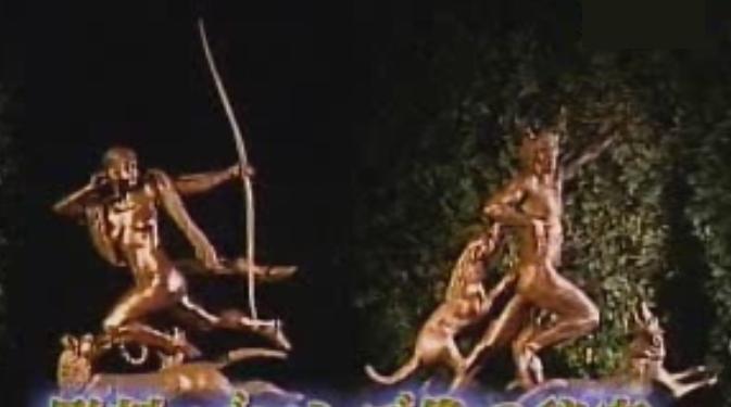 Living statue performers as Manship's Diana and Actaeon