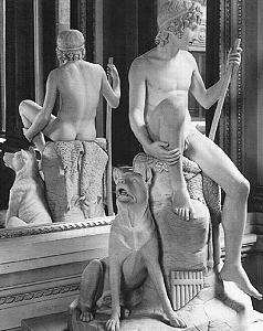 Shepherd Boy with his Dog by Bertel Thorvaldsen - bw, mirrored